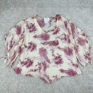 TESS 100% Silk Paisley Beaded V-Neck Blouse Size 14 Sheer Boho Y2K Fairy